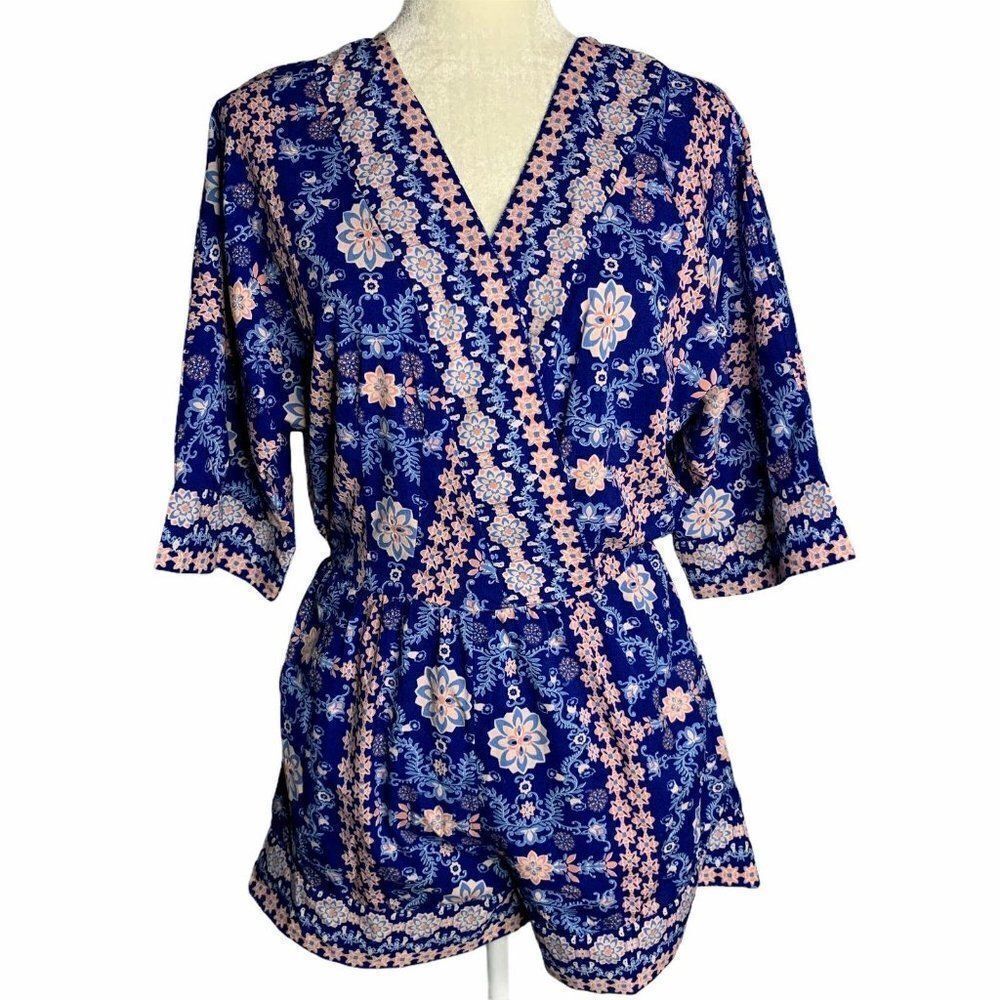 Japna Surplice Floral Shorts Romper S Blue Pockets
